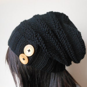 Hand Knit Slouchy Beanie Hat Acrylic Black  Color with Wooden Buttons Winter Beanie Gift for Sister