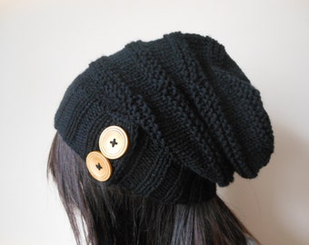 Hand Knit Slouchy Beanie Hat Acrylic Black  Color with Wooden Buttons Winter Beanie Gift for Sister