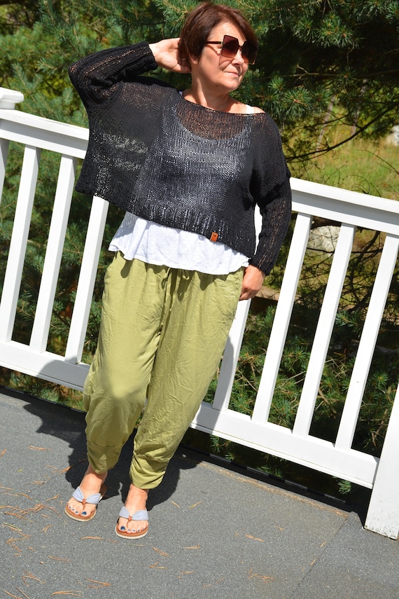 MyKnitCroch Hand Knitted Cropped Sweater Oversized Plus Size Cotton Jumper Boho Tunic Loose Knit Women's Sweater Cropped Poncho White Cotton