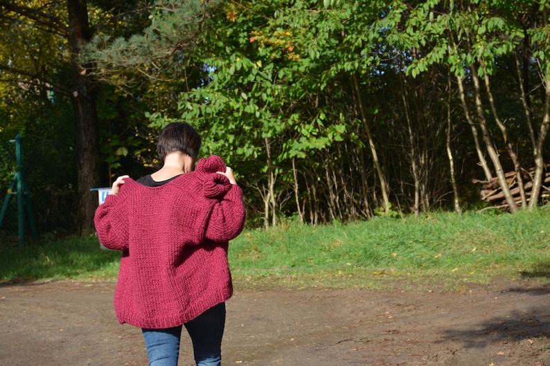 Oversized Hand Knit Cardigan, Chunky Sweater, Alpaca Wool Sweater, Open Style Cardigan, Chunky Jacket, Sweater Women's Cozy, Maroon image 5