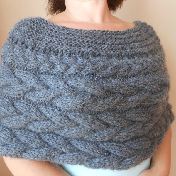 Xale de tricô trançado, capa elástica para casamento, poncho aquecedor de pescoço, cinza escuro, presente para ela