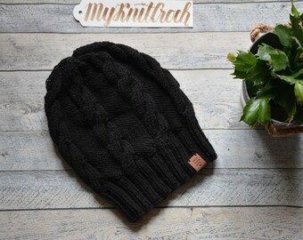 Hand Knit Slouchy Beanie Hat Acrylic Black