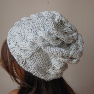 Hand Knit Cable Slouchy Beanie Hat Acrylic Oatmeal image 1