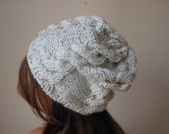Hand Knit Cable Slouchy Beanie Hat Acrylic Oatmeal