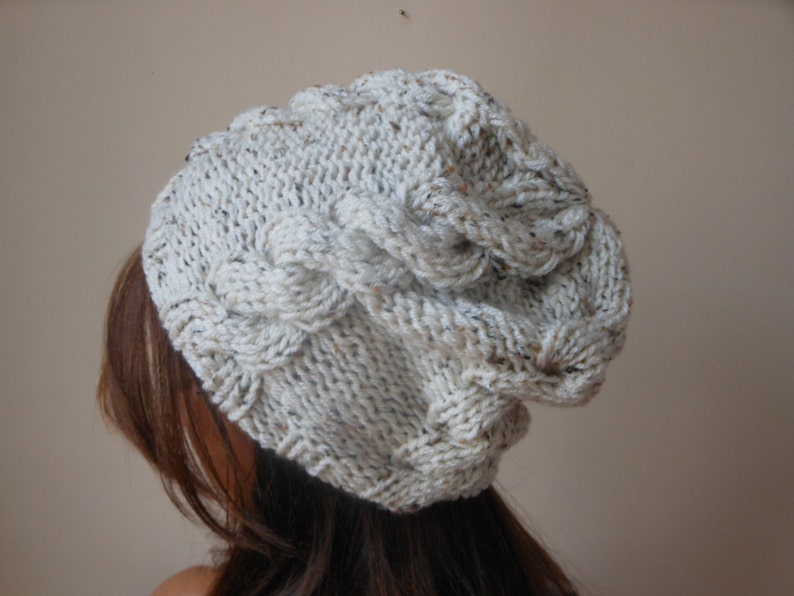 Hand Knit Cable Slouchy Beanie Hat Acrylic Oatmeal image 1