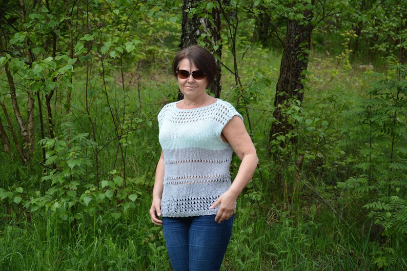 Cotton Summer Blouse Top Oversized Hand Knit Summer Sweater Handmade Cotton Blouse Loose Knit Women/'s Sweater Grey and Pastel Green