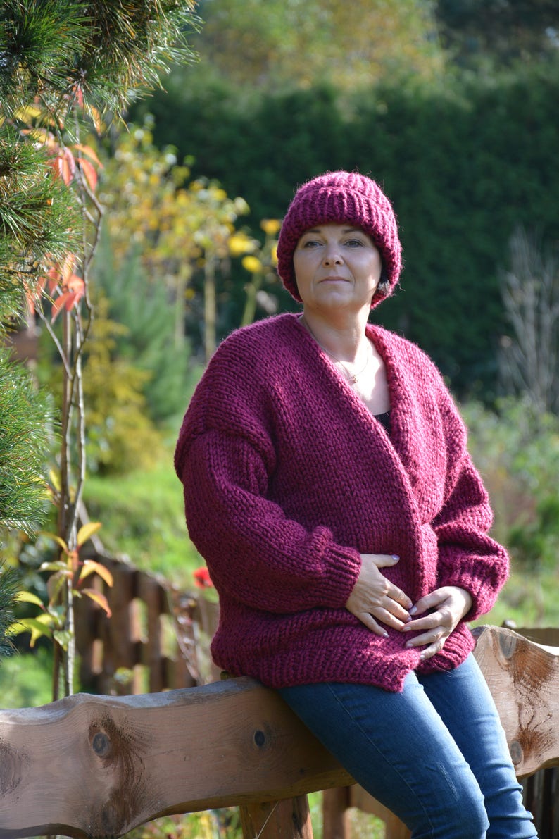 Oversized Hand Knit Cardigan, Chunky Sweater, Alpaca Wool Sweater, Open Style Cardigan, Chunky Jacket, Sweater Women's Cozy, Maroon image 8