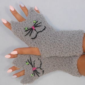 Crocheted Fingerless Mittens Gloves Grey Cats Handmade Gloves Animal Gloves image 1