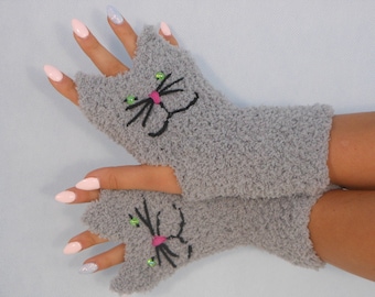 Crocheted Fingerless Mittens  Gloves Grey Cats Handmade Gloves Animal Gloves