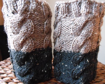 Hand Knitted Boot Cuffs Leg Warmers 2in1 Beige and Black Tweed