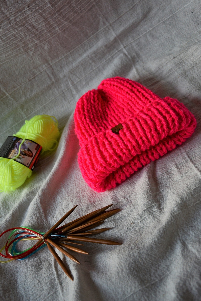 Chunky Hat, Hand Knit Beanie Hat, Acrylic Unisex Winter Hat, Knitted Chunky Hat, Helsinki Hat, Neon Pink Chunky Hat image 5
