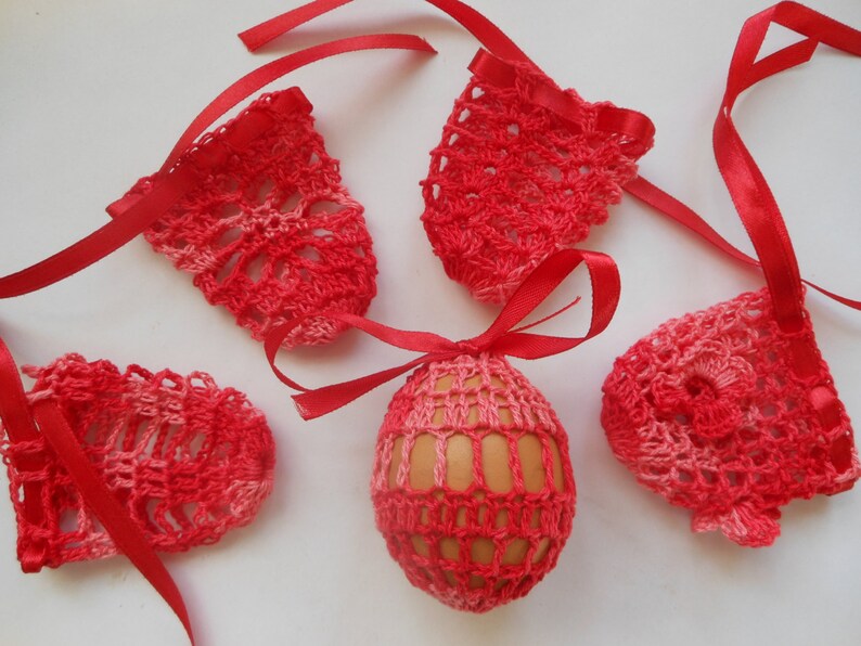 Crochet Easter Egg Cover, Set of 5 Hand Crocheted Easter Eggs Easter Decoration Red image 2