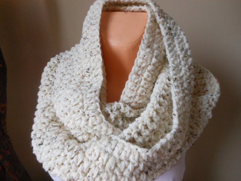 Hand Crocheted Infinity Scarf, Cowl, Neck Warmer Oatmeal, Wool Chunky Wrap image 4