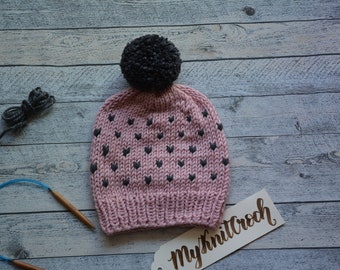 Hand Knitted Fair Isle Hat with Pom Pom  Hat Chunky Beanie Hat Knitted Hat Women's Hat winter Hat