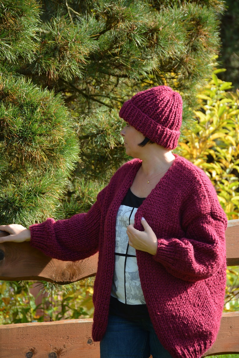 Oversized Hand Knit Cardigan, Chunky Sweater, Alpaca Wool Sweater, Open Style Cardigan, Chunky Jacket, Sweater Women's Cozy, Maroon image 6