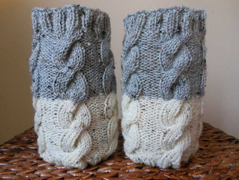 Hand Knitted Boot Cuffs Leg Warmers 2in1 Cream and Grey Tweed image 1