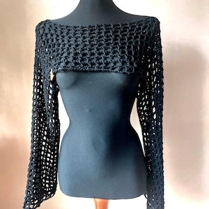 Crochet Mesh Sleeves, Cotton Summer Cropped Shrug, Hand Crocheted Black Bolero, Boho Mesh Sleeves, Top Dress, Net Top, Handmade Gift