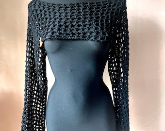 Crochet Mesh Sleeves, Cotton Summer Cropped Shrug, Hand Crocheted Black Bolero, Boho Mesh Sleeves, Top Dress, Net Top, Handmade Gift