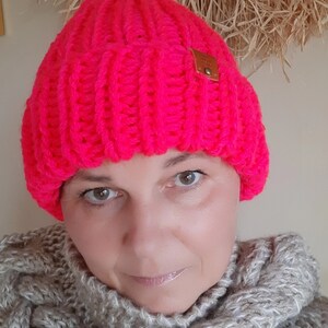 Chunky Hat, Hand Knit Beanie Hat, Acrylic Unisex Winter Hat, Knitted Chunky Hat, Helsinki Hat, Neon Pink Chunky Hat image 4