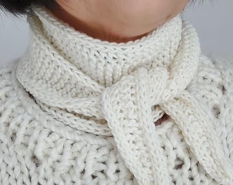Hand Knit Merino Wool Mini Scarf - Cream Neck Warmer, Sophie Scarf 100% Wool