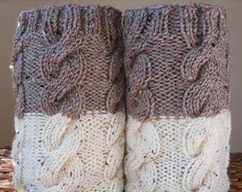 Hand Knitted Boot Cuffs Leg Warmers 2in1 Cream and Beige Tweed