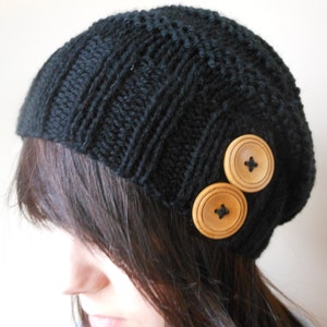 Hand Knit Slouchy Beanie Hat Acrylic Black Color with Wooden Buttons Winter Beanie Gift for Sister image 4