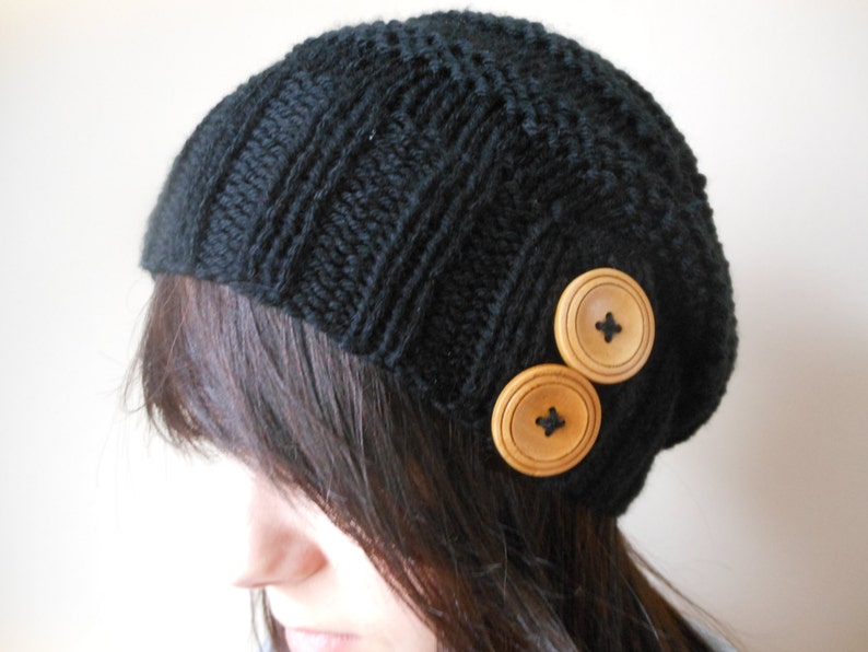 Hand Knit Slouchy Beanie Hat Acrylic Black Color with Wooden Buttons Winter Beanie Gift for Sister image 4