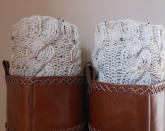 Hand Knitted Boot Cuffs Leg Warmers Cream Tweed