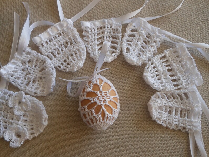 Crochet Easter Egg Cover, Set of 8 Hand Crocheted Easter Eggs Easter Decoration White image 3