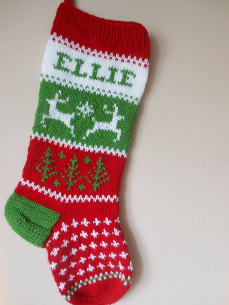 Personalized Christmas Stocking Hand Knitted With Reindeer Christmas Gift Christmas Decoration image 2