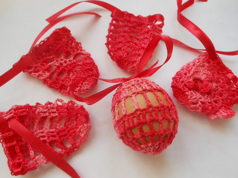 Crochet Easter Egg Cover, Set of 5 Hand Crocheted Easter Eggs Easter Decoration Red image 1