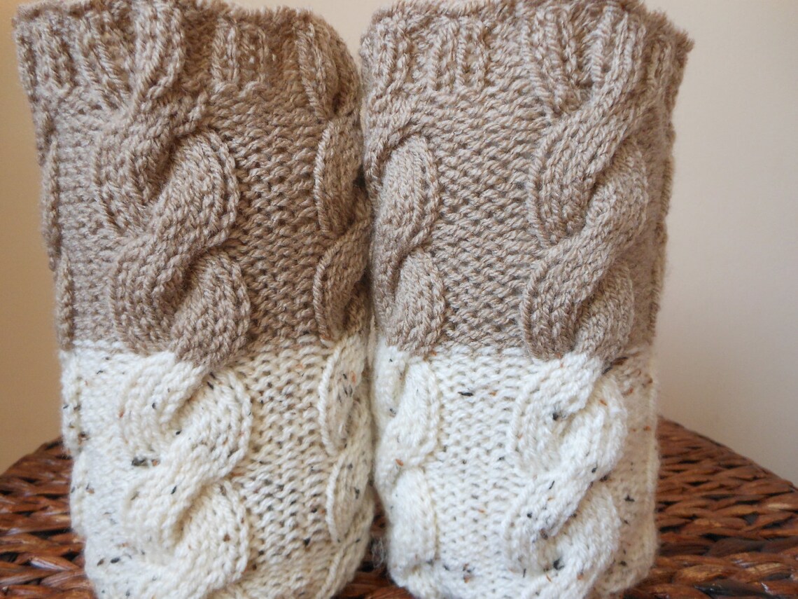 Hand Knitted Boot Cuffs Leg Warmers 2in1 Cream Tweed and Beige Etsy