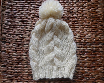 Cable Knit Slouchy Beanie Hat Acrylic Cream  With Pom Pom