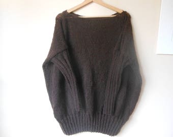 Oversized Plus Size Hand Knit Sweater Tunic Loose Knit Dark Brown Women's Sweater