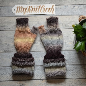 Handgestrickte Fingerlose Handschuhe Grau Beige Farben Fingerlos lange Fingerlose Armwärmer Winterhandschuhe