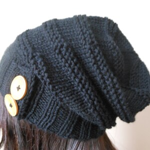 Hand Knit Slouchy Beanie Hat Acrylic Black Color with Wooden Buttons Winter Beanie Gift for Sister image 5