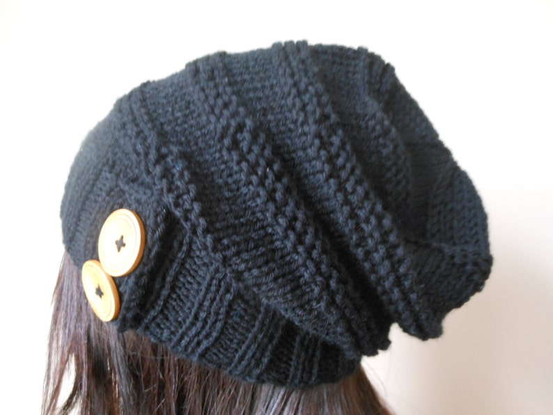 Hand Knit Slouchy Beanie Hat Acrylic Black Color with Wooden Buttons Winter Beanie Gift for Sister image 5