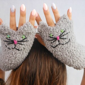 Crocheted Fingerless Mittens Gloves Grey Cats Handmade Gloves Animal Gloves image 4