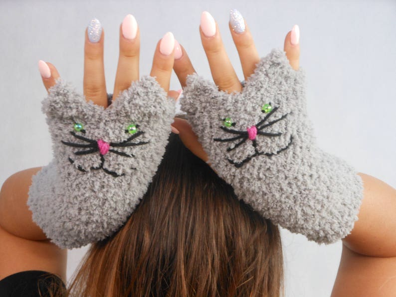 Crocheted Fingerless Mittens Gloves Grey Cats Handmade Gloves Animal Gloves image 4