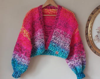 Cárdigan de punto grueso, suéter corto grueso, jersey extragrande tejido a mano, suéter colorido de estilo abierto para mujer.