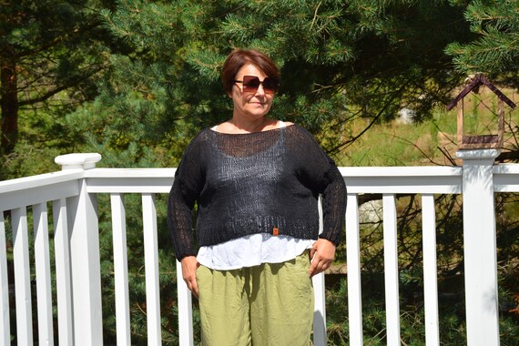 MyKnitCroch Hand Knitted Cropped Sweater Oversized Plus Size Cotton Jumper Boho Tunic Loose Knit Women's Sweater Cropped Poncho White Cotton
