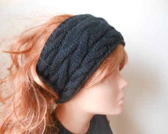 Cable Hand Knit Headband,  Ear Warmer, Head Warmer Black, Boho Headband, Headband for Women, Girls Headband, Knitted Headband, Band Turban