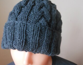 Cable Knit Slouchy Beanie Hat Acrylic Dark Gray Man Woman Unisex Hand Made