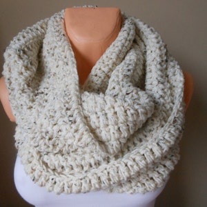 Hand Crocheted Infinity Scarf, Cowl, Neck Warmer Oatmeal, Wool Chunky Wrap image 1