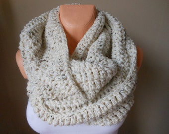 Hand Crocheted Infinity Scarf, Cowl, Neck Warmer Oatmeal, Wool Chunky Wrap