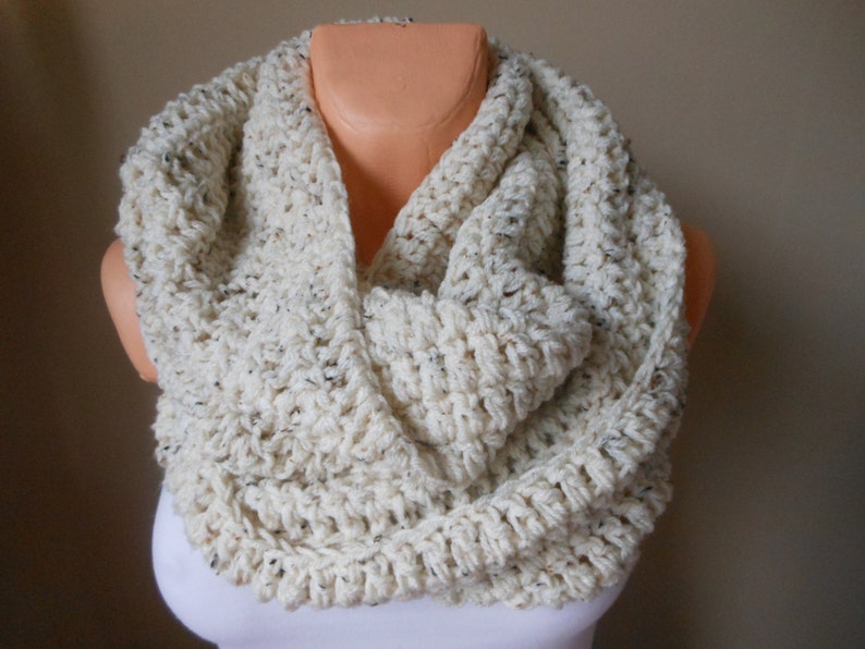 Hand Crocheted Infinity Scarf, Cowl, Neck Warmer Oatmeal, Wool Chunky Wrap image 1