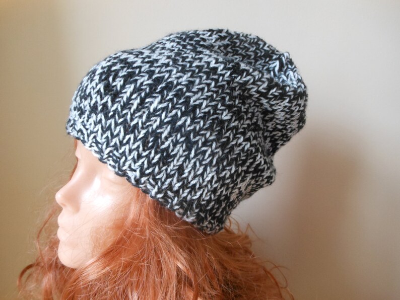 Hand Knit Slouchy Beanie Hat Acrylic Black and White blend image 5