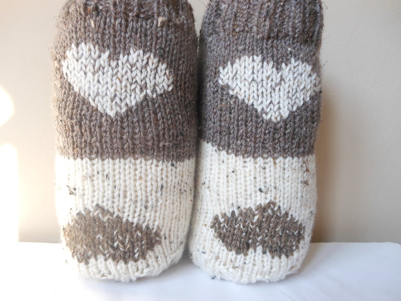 Hand Knitted Boot Cuffs Leg Warmers 2in1 Cream and Beige Tweed With Hearts image 1