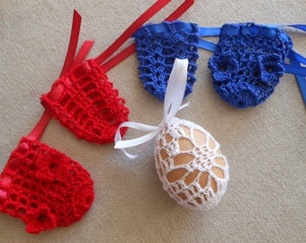 Crochet Easter Egg Cover, Set of 5 Hand Crocheted Easter Eggs Easter Decoration Blue Red White