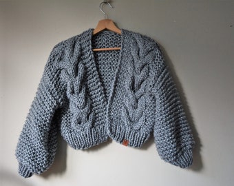 Cárdigan de punto grueso, suéter corto grueso, jersey extragrande tejido a mano con cable, estilo abierto, chaqueta, suéter acogedor para mujer, suéter de alpaca